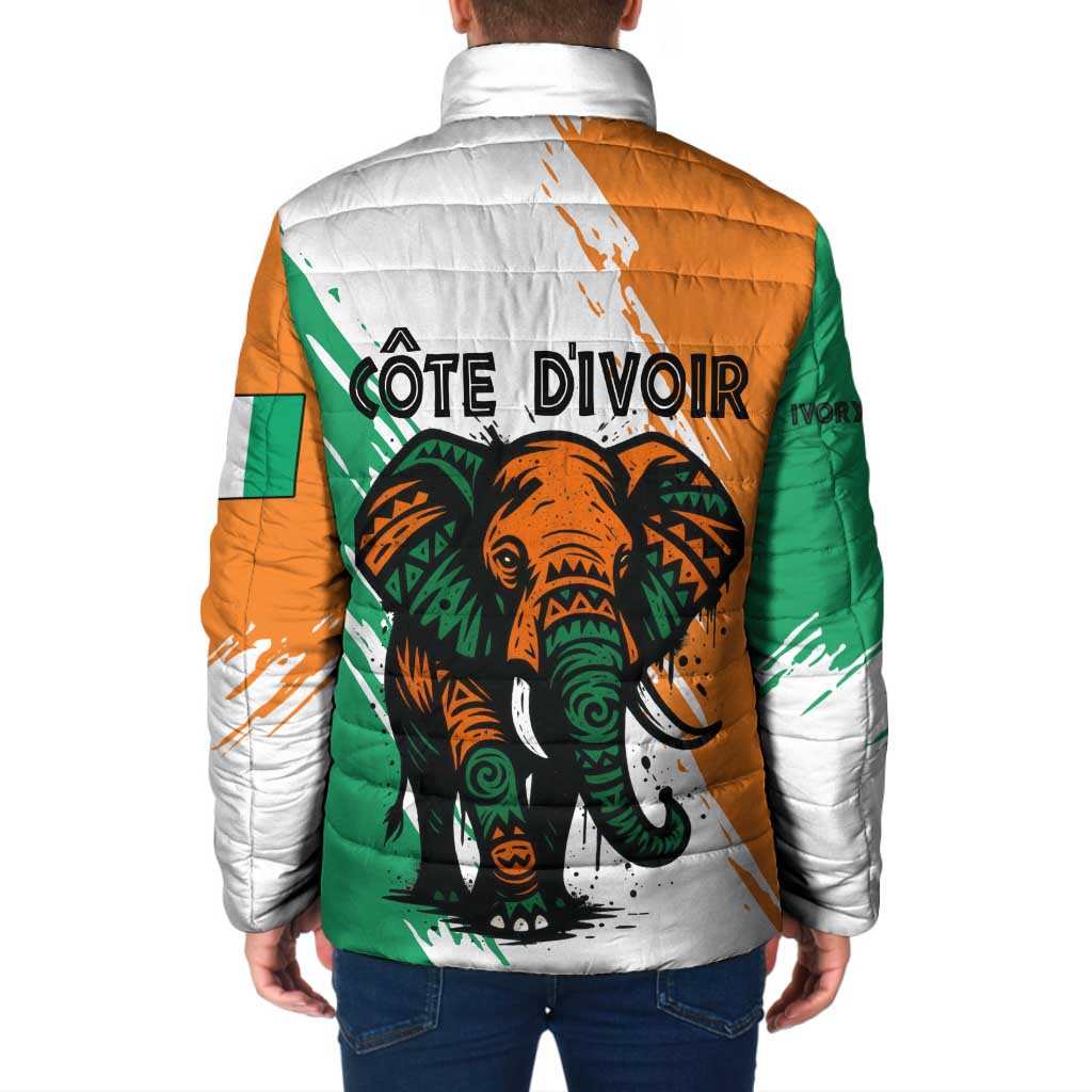 Ivory Coast Padded Jacket with Tribal Elephant and Paint Splash Design - Wonder Print Shop