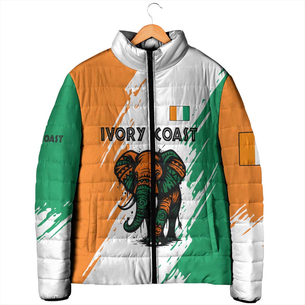 Ivory Coast Padded Jacket with Tribal Elephant and Paint Splash Design - Wonder Print Shop