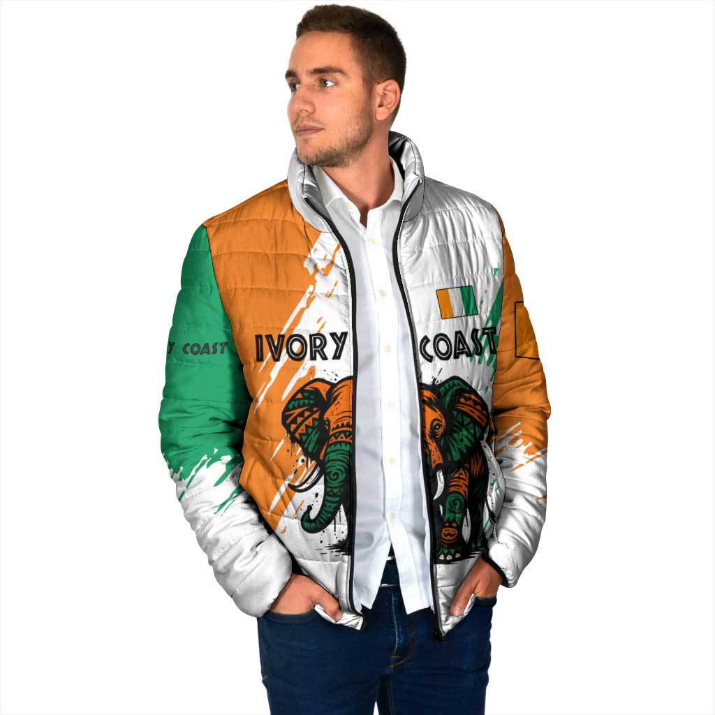 Ivory Coast Padded Jacket with Tribal Elephant and Paint Splash Design - Wonder Print Shop