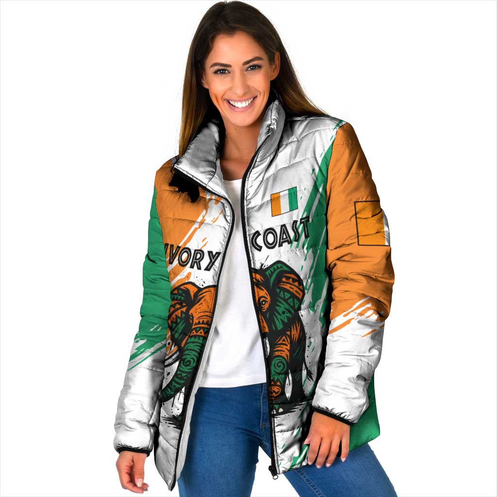 Ivory Coast Padded Jacket with Tribal Elephant and Paint Splash Design - Wonder Print Shop