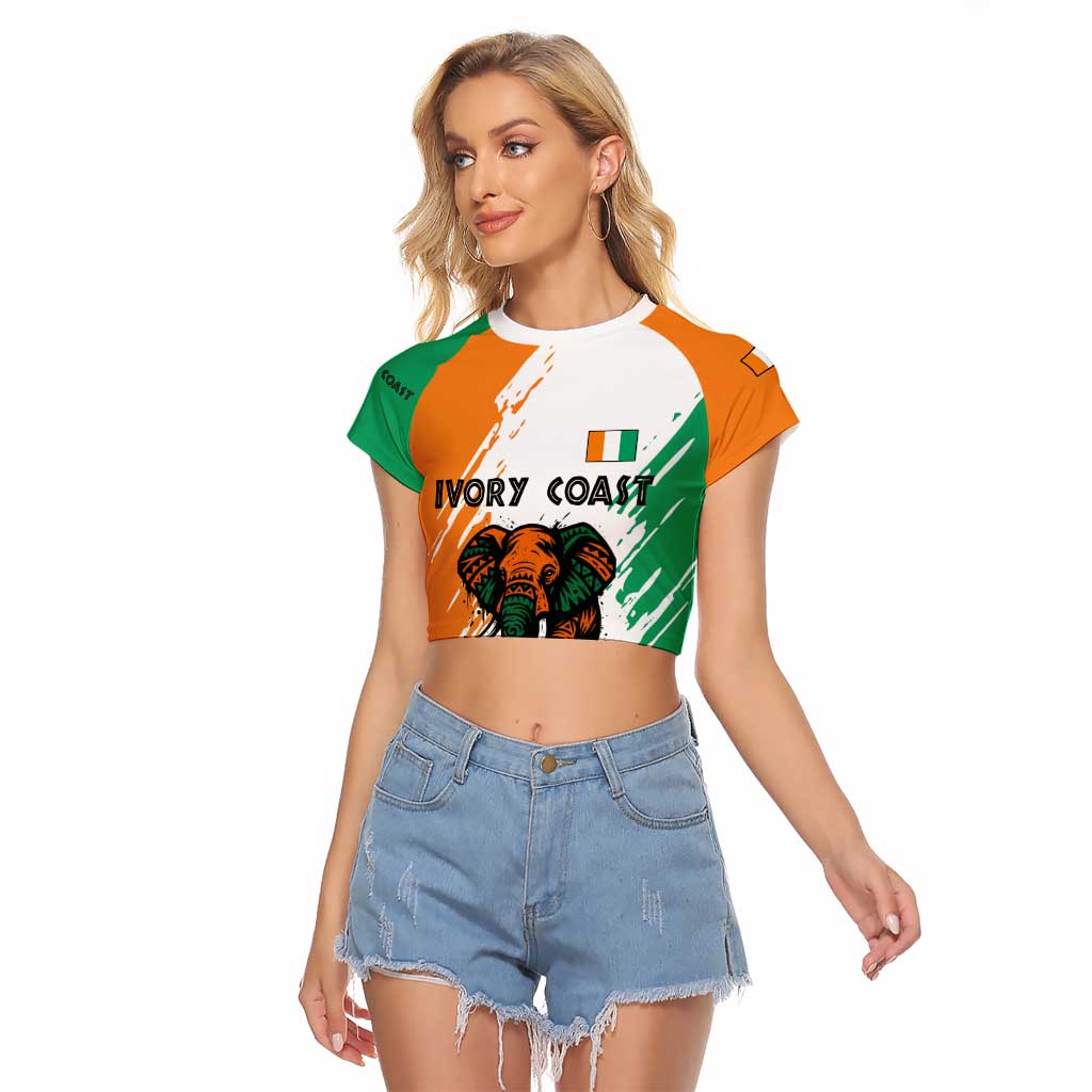 Ivory Coast Raglan Cropped T Shirt with Tribal Elephant and Paint Splash Design - Wonder Print Shop