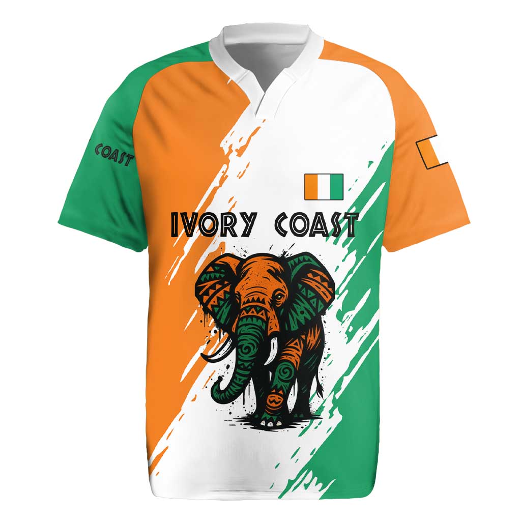 Ivory Coast Rugby Jersey with Tribal Elephant and Paint Splash Design - Wonder Print Shop