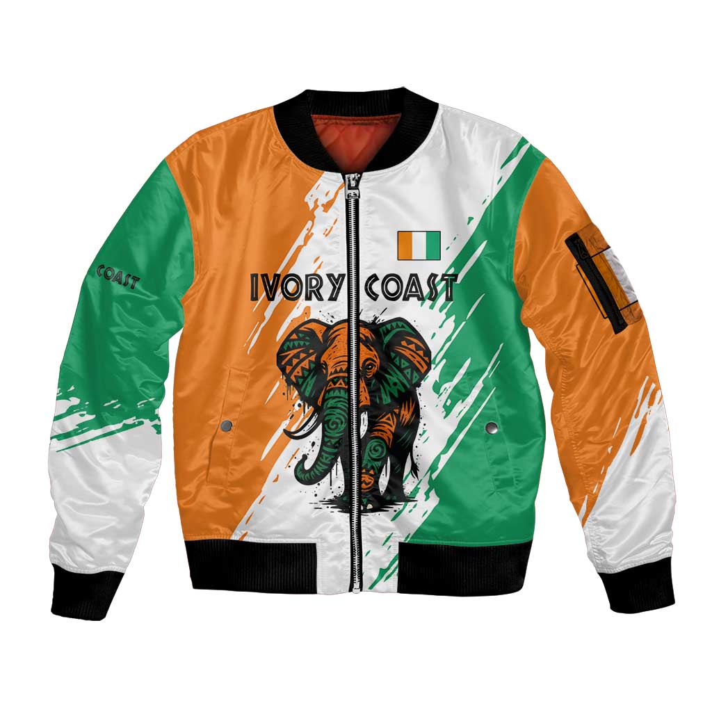 Ivory Coast Sleeve Zip Bomber Jacket with Tribal Elephant and Paint Splash Design - Wonder Print Shop