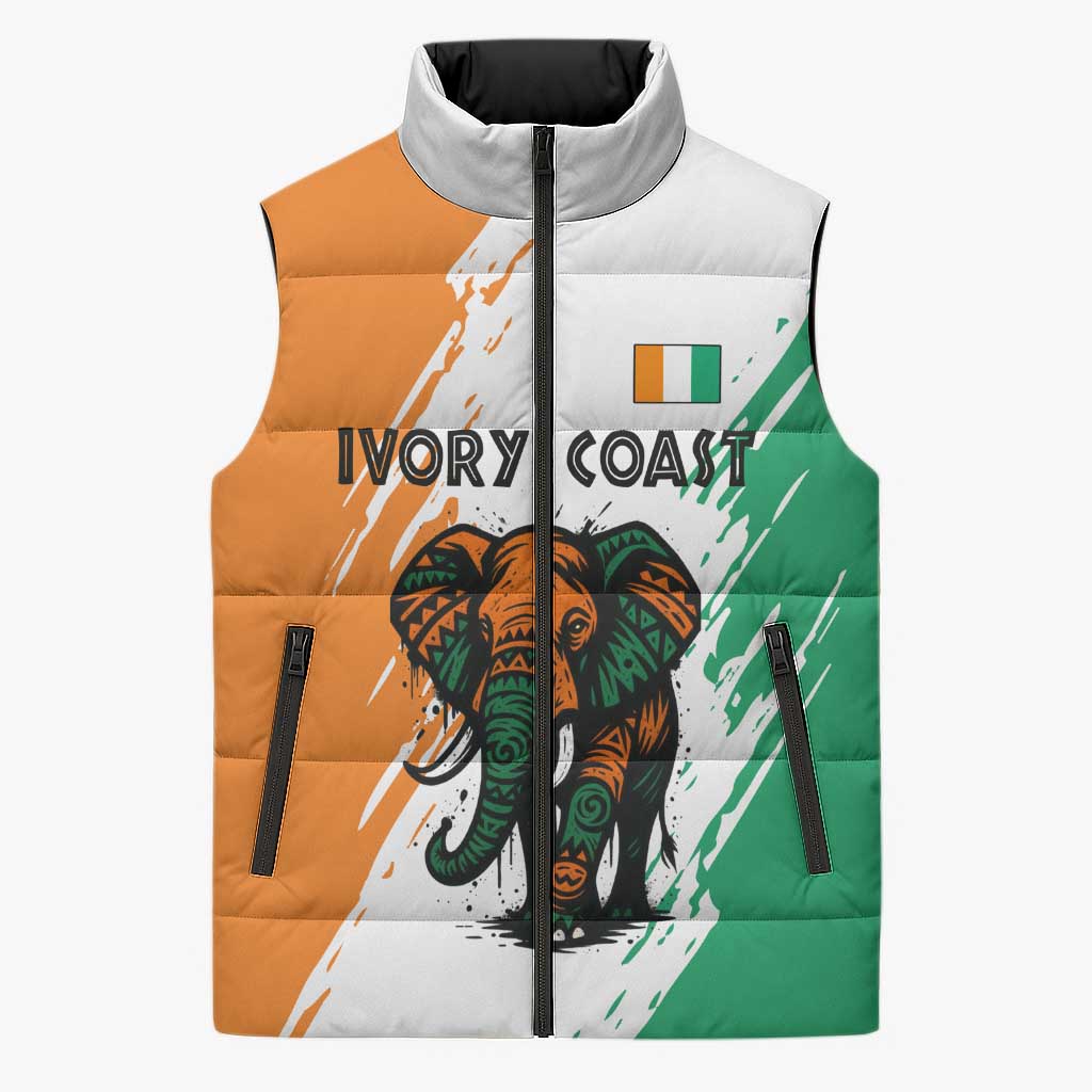 Ivory Coast Sleeveless Puffer Jacket with Tribal Elephant and Paint Splash Design - Wonder Print Shop