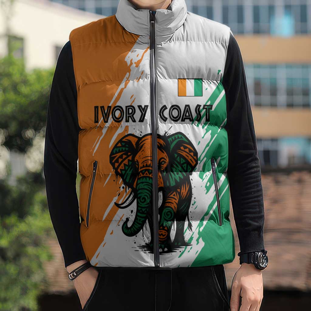 Ivory Coast Sleeveless Puffer Jacket with Tribal Elephant and Paint Splash Design - Wonder Print Shop