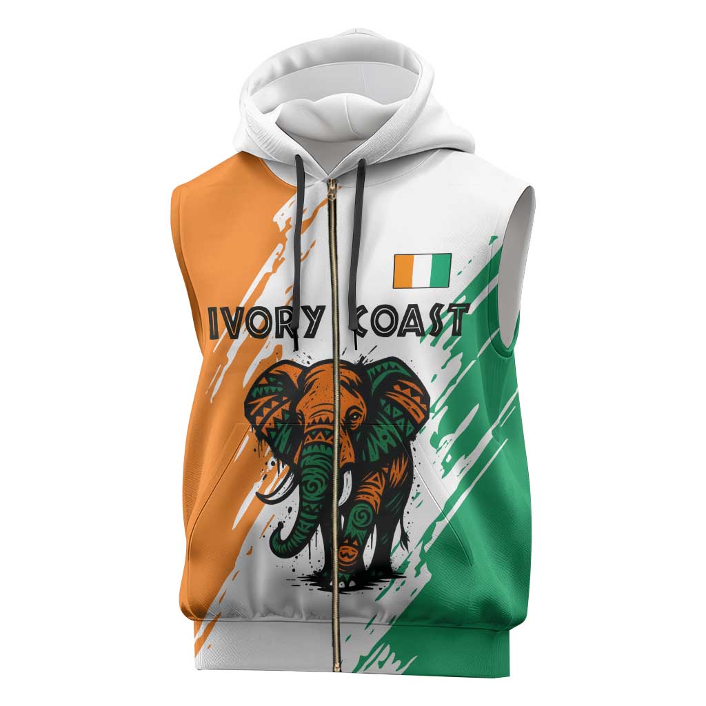 Ivory Coast Sleeveless Zip Hoodie with Tribal Elephant and Paint Splash Design - Wonder Print Shop