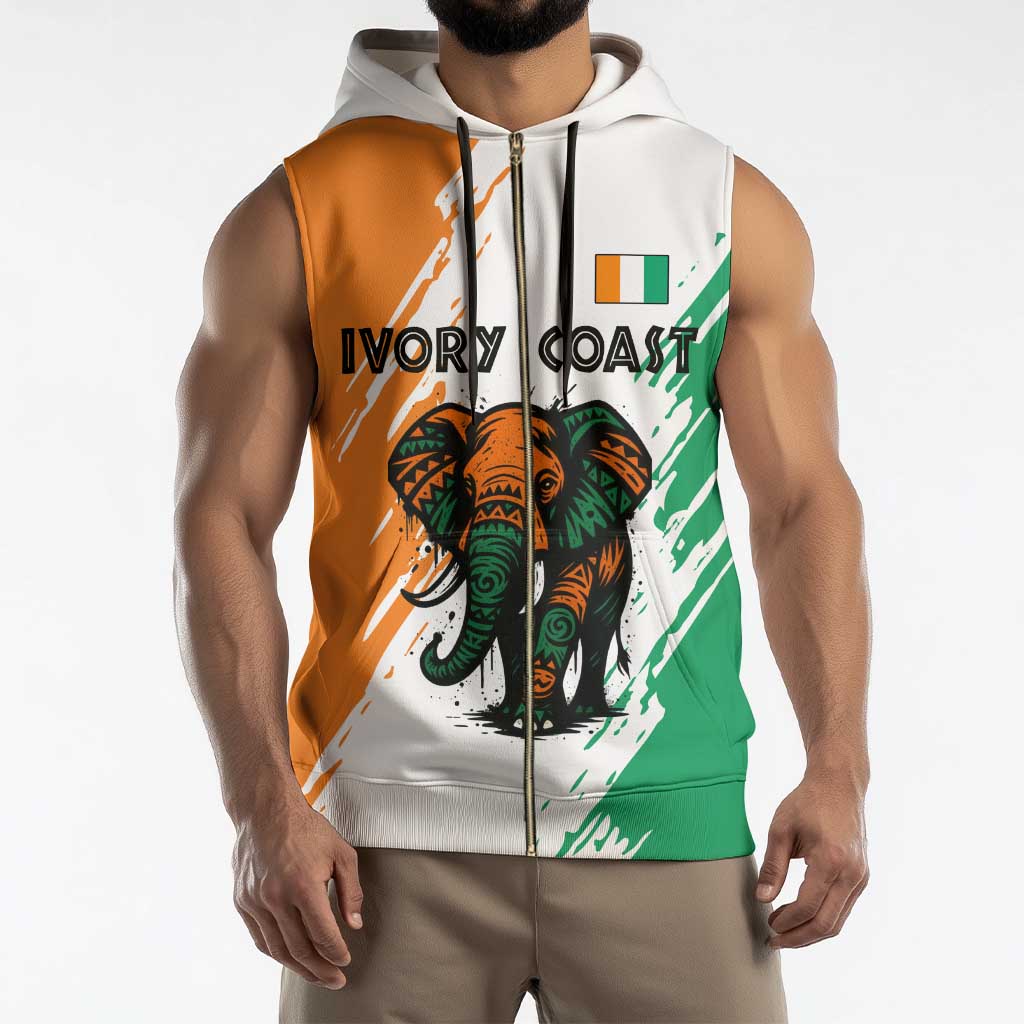 Ivory Coast Sleeveless Zip Hoodie with Tribal Elephant and Paint Splash Design - Wonder Print Shop