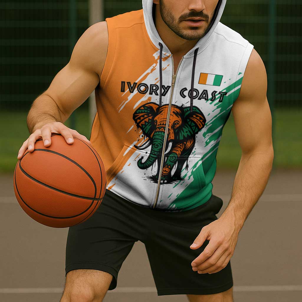 Ivory Coast Sleeveless Zip Hoodie with Tribal Elephant and Paint Splash Design - Wonder Print Shop