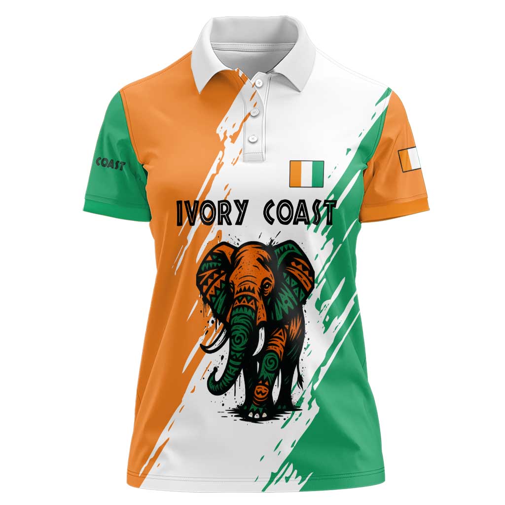 Ivory Coast Women Polo Shirt with Tribal Elephant and Paint Splash Design - Wonder Print Shop
