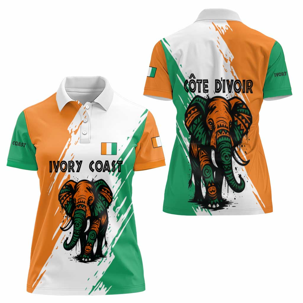 Ivory Coast Women Polo Shirt with Tribal Elephant and Paint Splash Design - Wonder Print Shop