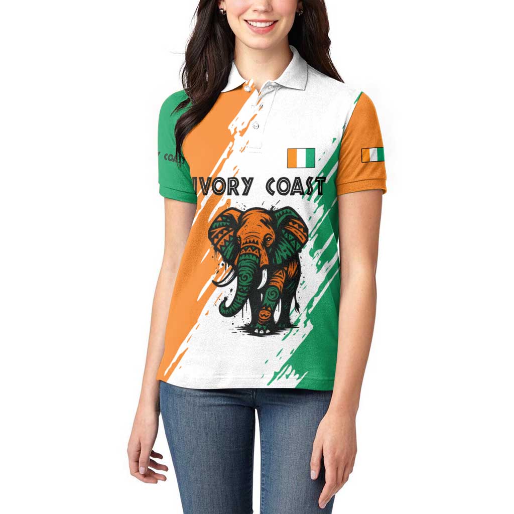Ivory Coast Women Polo Shirt with Tribal Elephant and Paint Splash Design - Wonder Print Shop