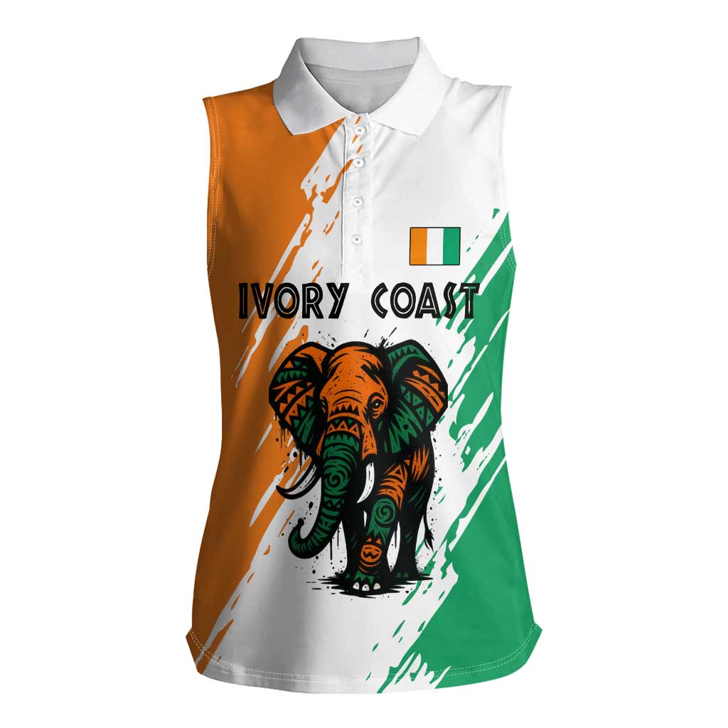 Ivory Coast Women Sleeveless Polo Shirt with Tribal Elephant and Paint Splash Design - Wonder Print Shop