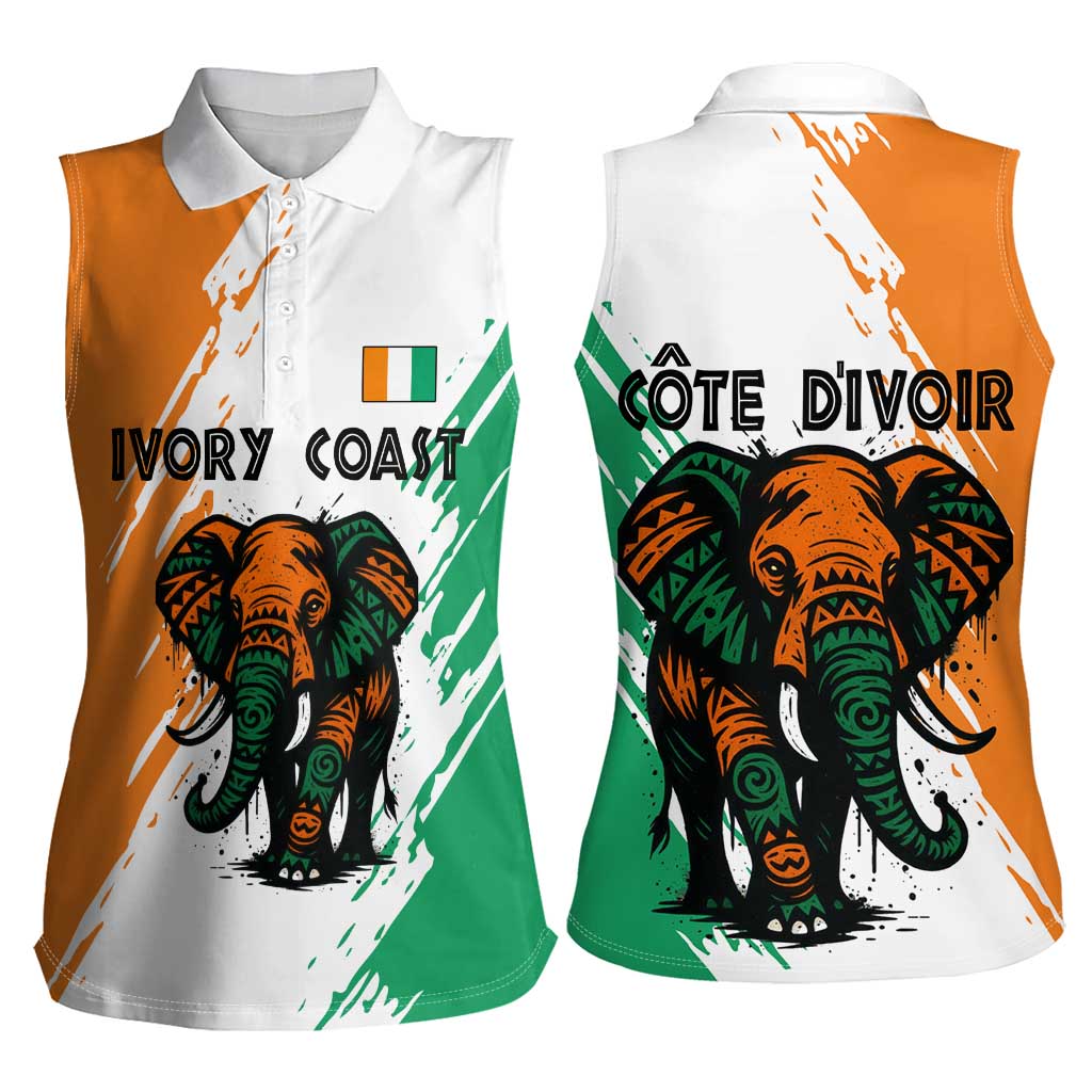 Ivory Coast Women Sleeveless Polo Shirt with Tribal Elephant and Paint Splash Design - Wonder Print Shop