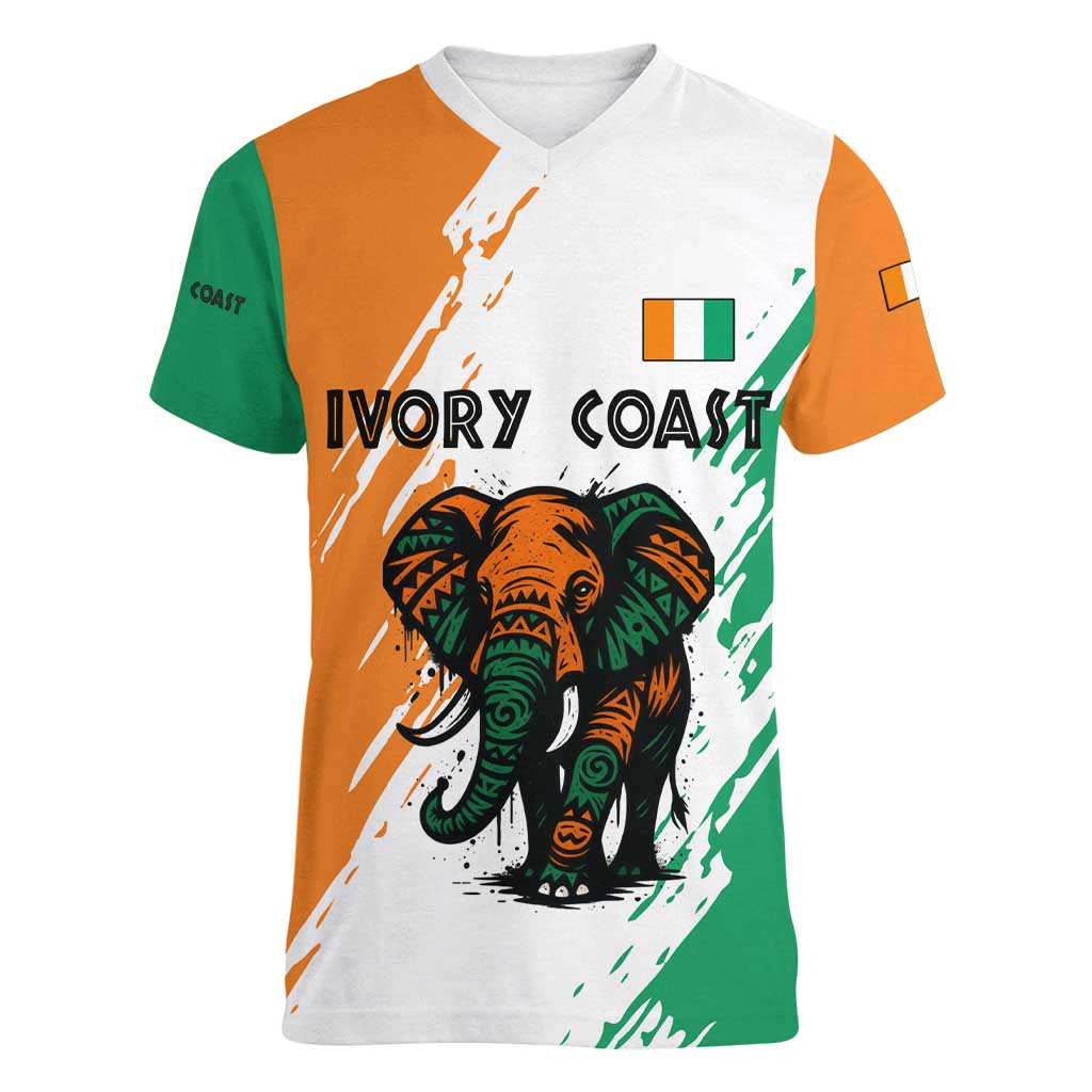 Ivory Coast Women V-Neck T-Shirt with Tribal Elephant and Paint Splash Design - Wonder Print Shop