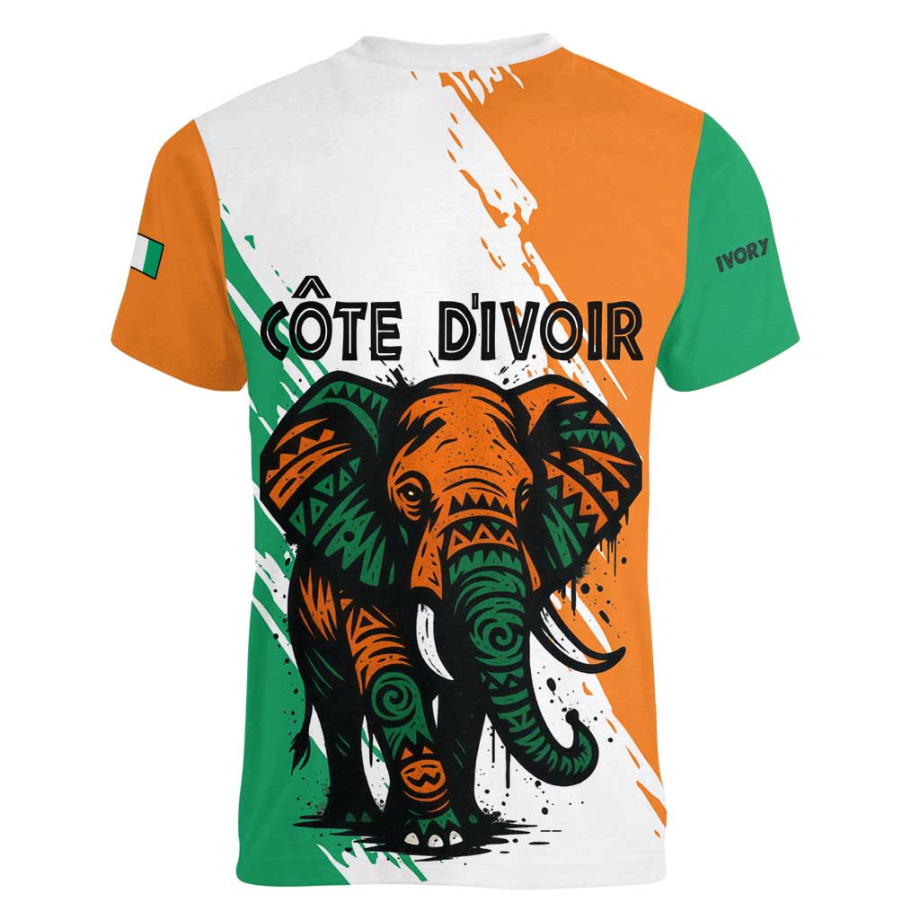 Ivory Coast Women V-Neck T-Shirt with Tribal Elephant and Paint Splash Design - Wonder Print Shop