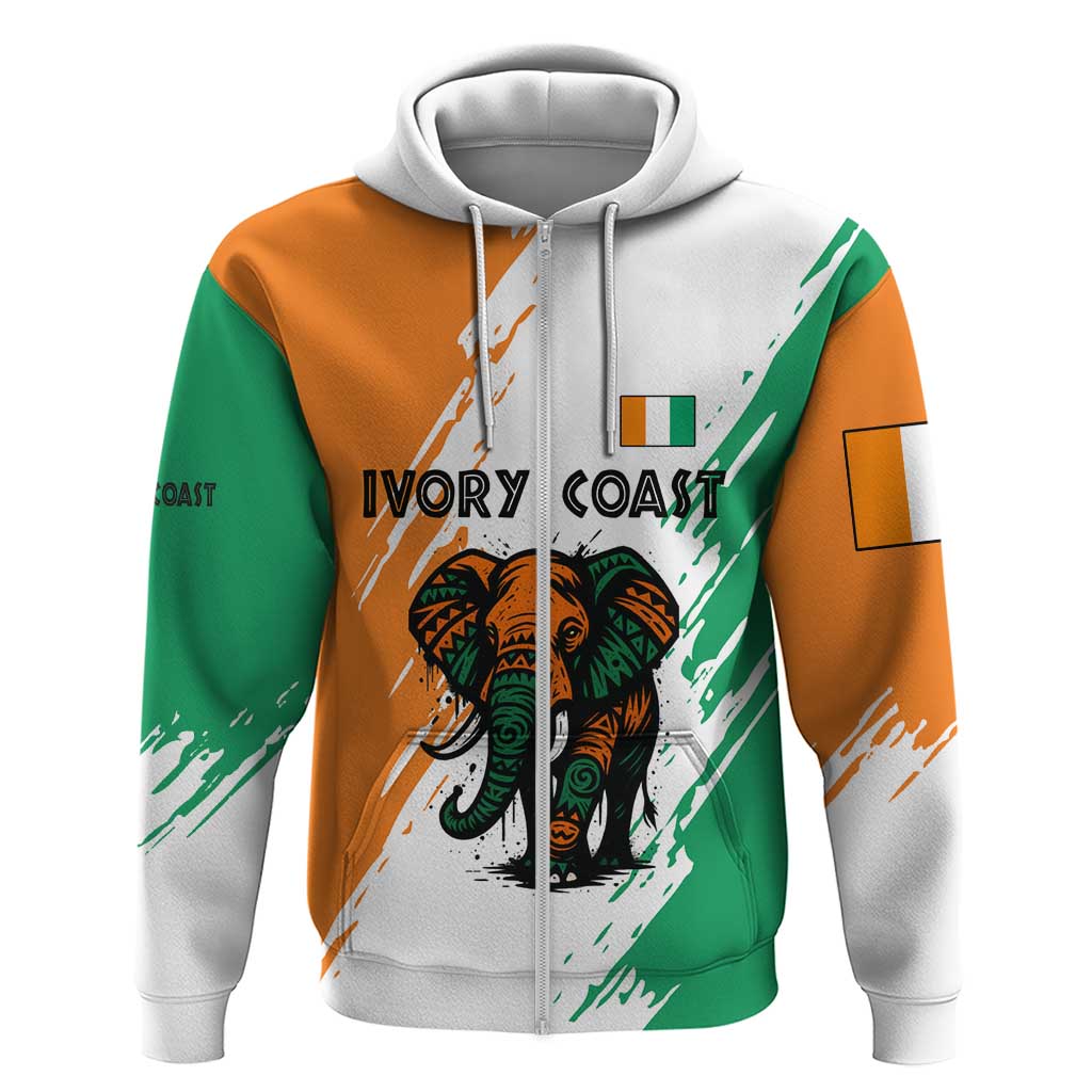 Ivory Coast Zip Hoodie with Tribal Elephant and Paint Splash Design - Wonder Print Shop