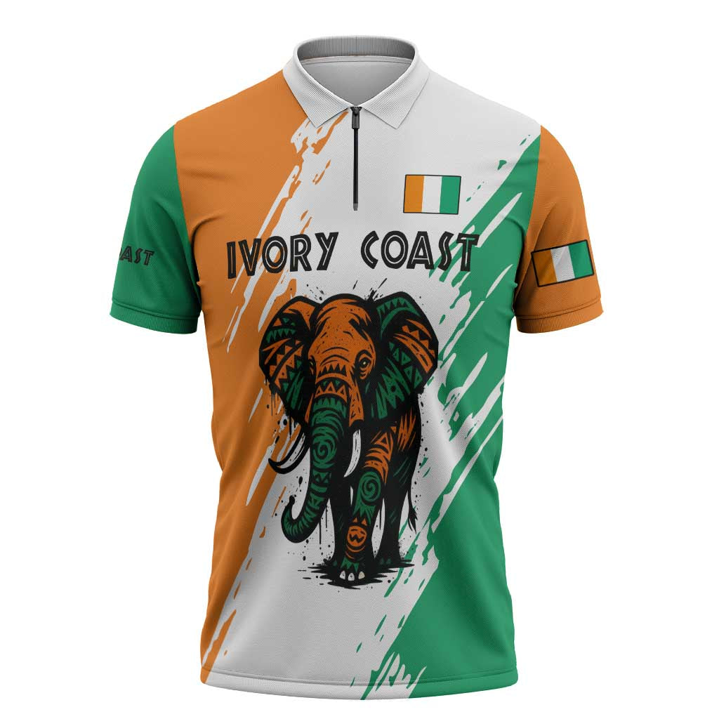 Ivory Coast Zipper Polo Shirt with Tribal Elephant and Paint Splash Design - Wonder Print Shop