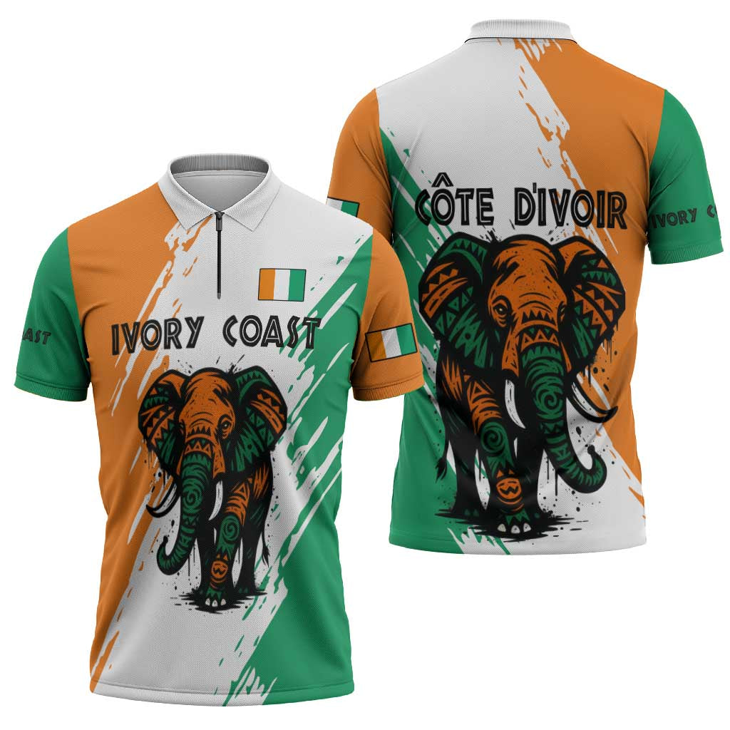 Ivory Coast Zipper Polo Shirt with Tribal Elephant and Paint Splash Design - Wonder Print Shop
