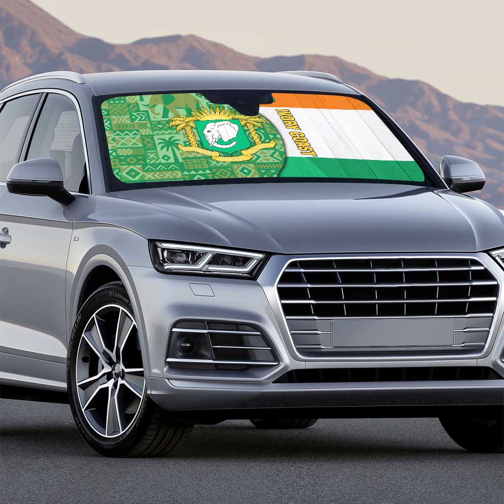 Ivory Coast Auto Sun Shade with Elephant Crest and Tribal Pattern Design - Wonder Print Shop