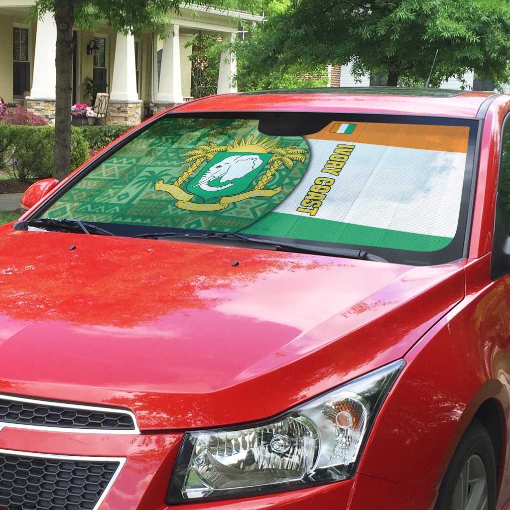 Ivory Coast Auto Sun Shade with Elephant Crest and Tribal Pattern Design - Wonder Print Shop