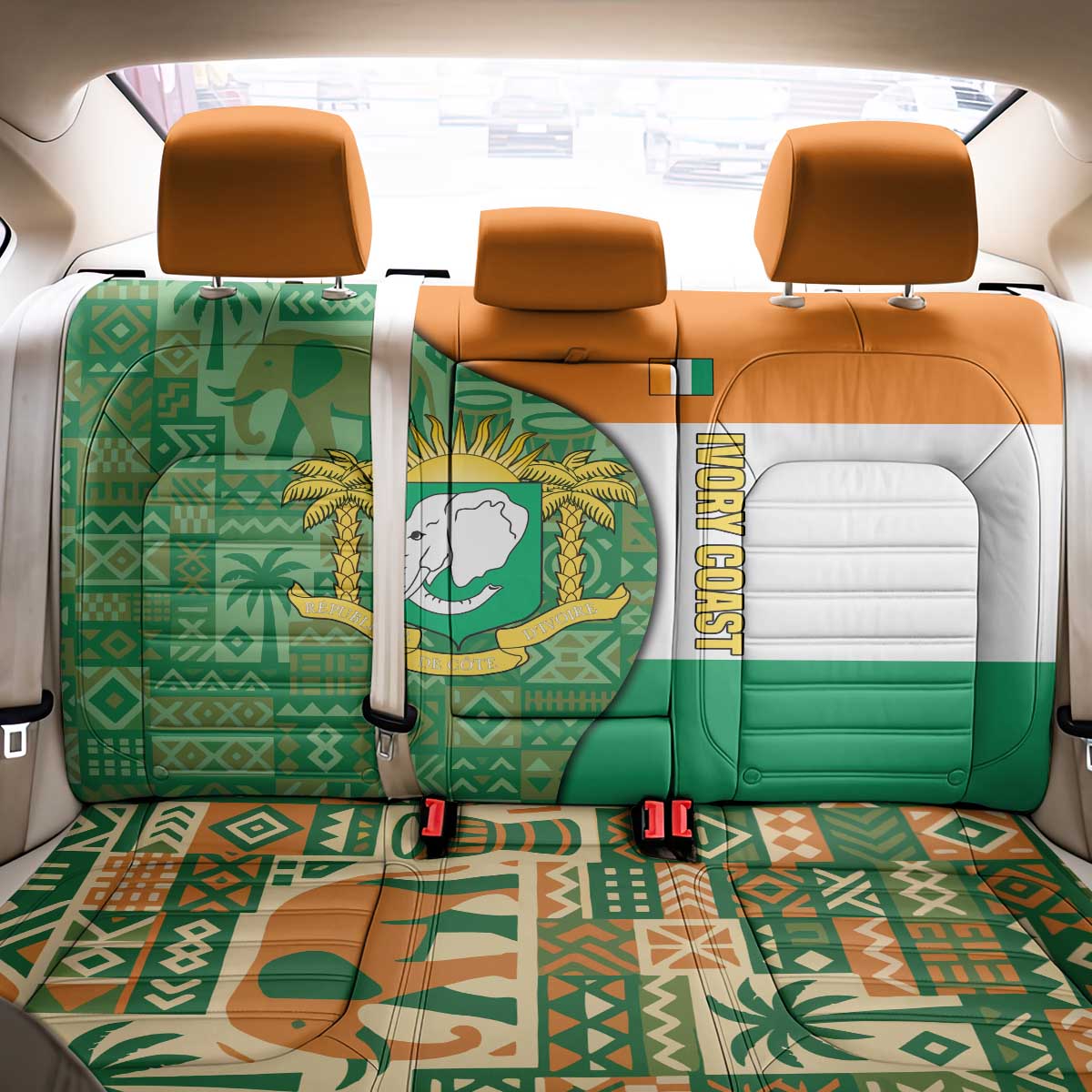 Ivory Coast Back Car Seat Cover with Elephant Crest and Tribal Pattern Design - Wonder Print Shop