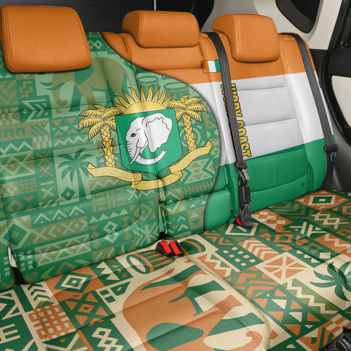 Ivory Coast Back Car Seat Cover with Elephant Crest and Tribal Pattern Design - Wonder Print Shop