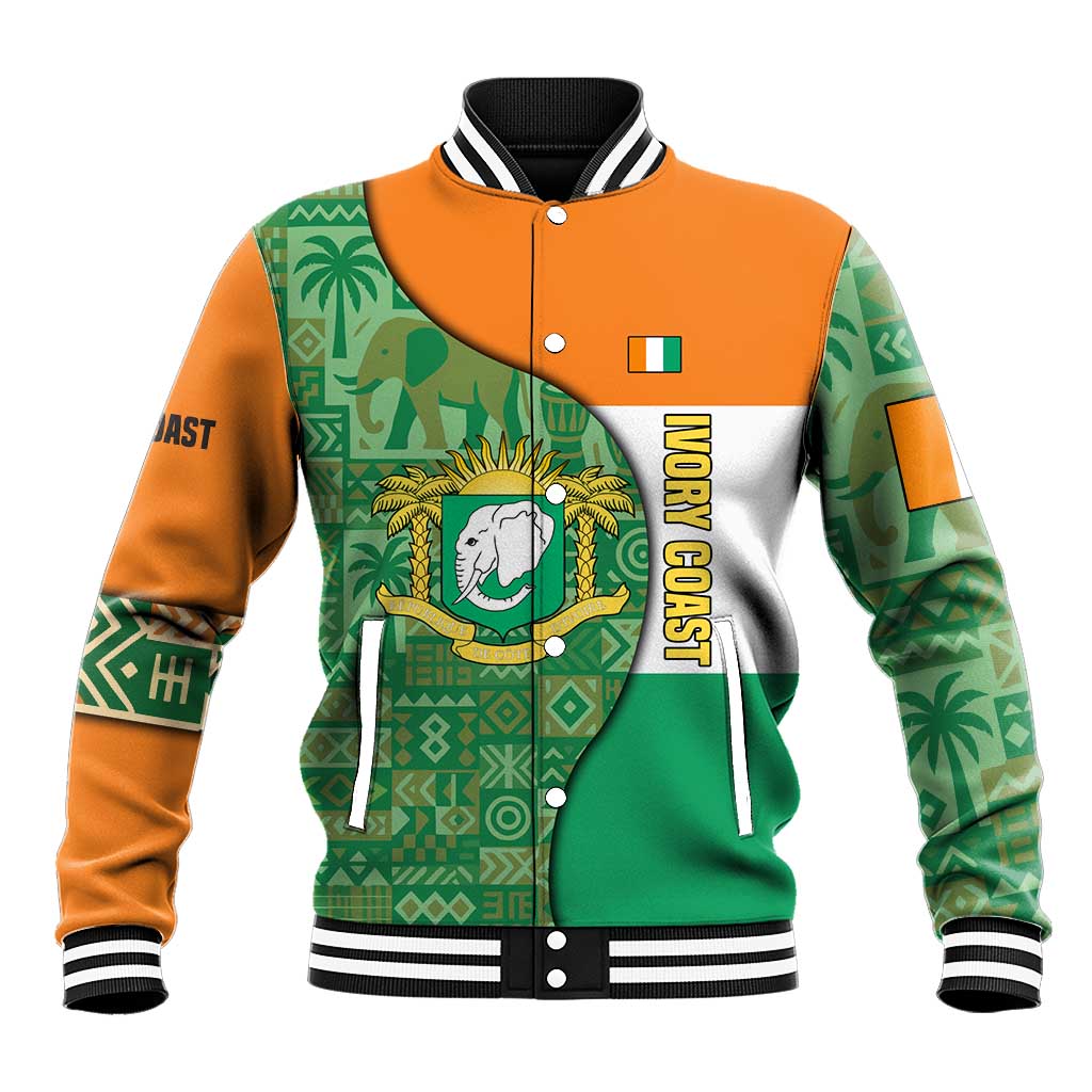 Ivory Coast Baseball Jacket with Elephant Crest and Tribal Pattern Design - Wonder Print Shop