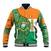 Ivory Coast Baseball Jacket with Elephant Crest and Tribal Pattern Design - Wonder Print Shop