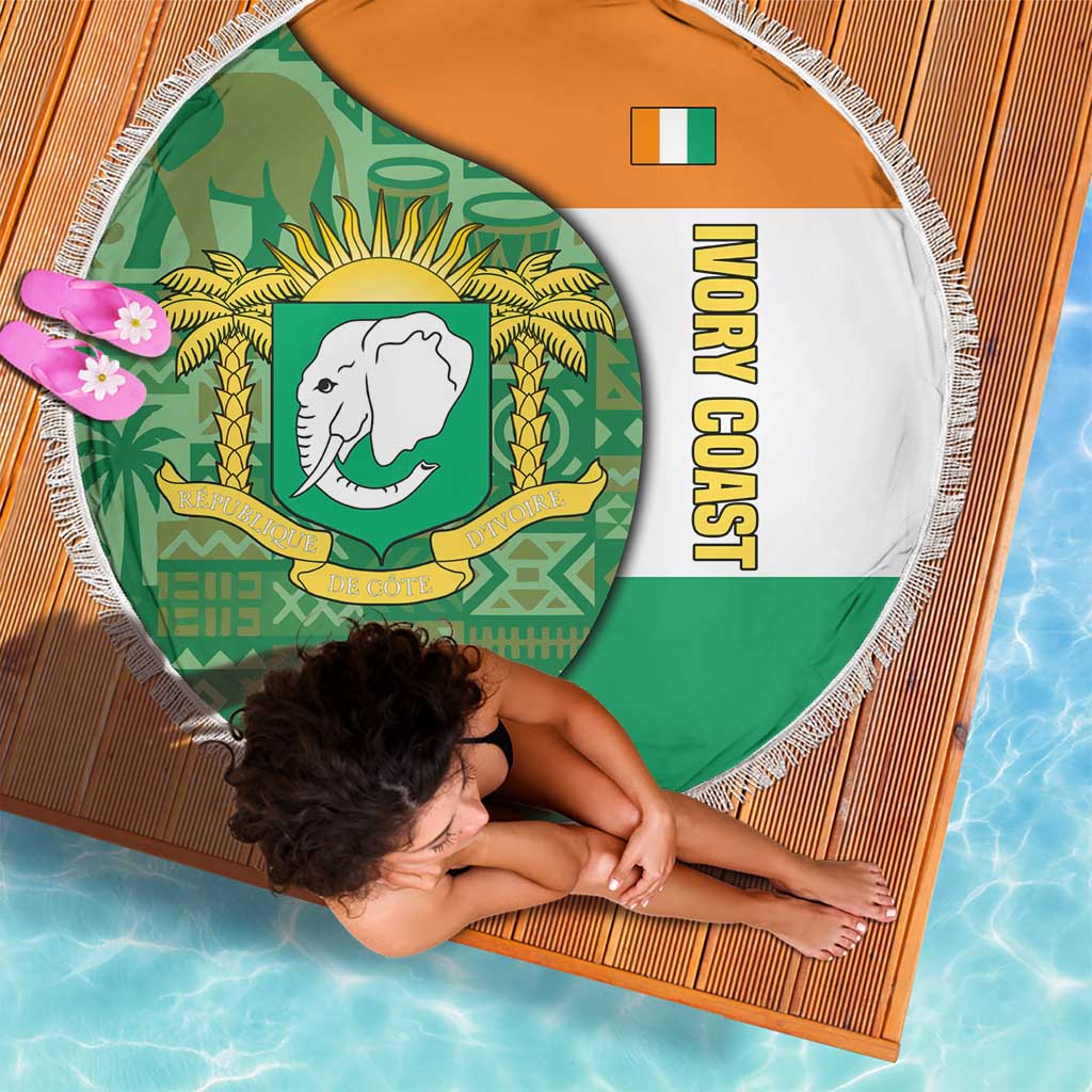 Ivory Coast Beach Blanket with Elephant Crest and Tribal Pattern Design - Wonder Print Shop