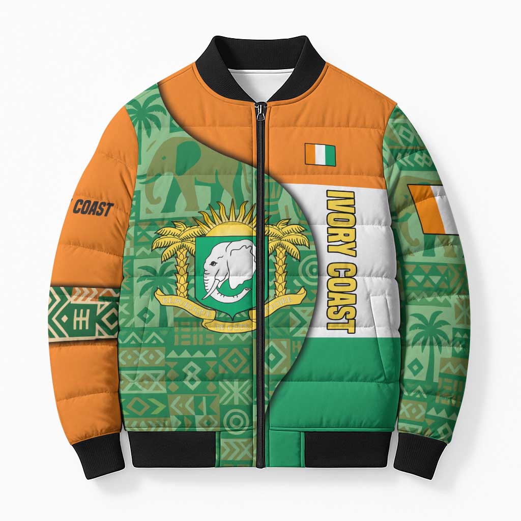 Ivory Coast Bomber Puffer Jacket with Elephant Crest and Tribal Pattern Design - Wonder Print Shop