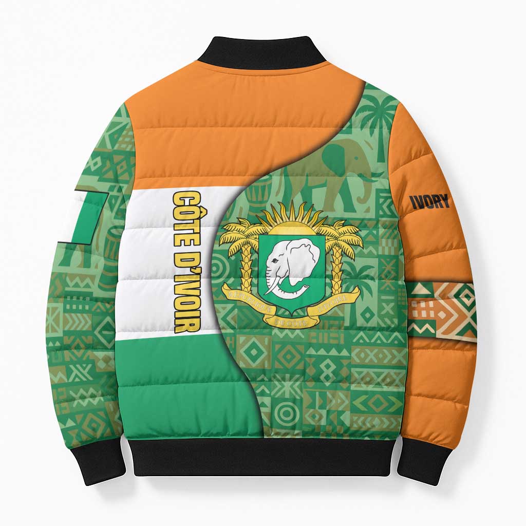 Ivory Coast Bomber Puffer Jacket with Elephant Crest and Tribal Pattern Design - Wonder Print Shop