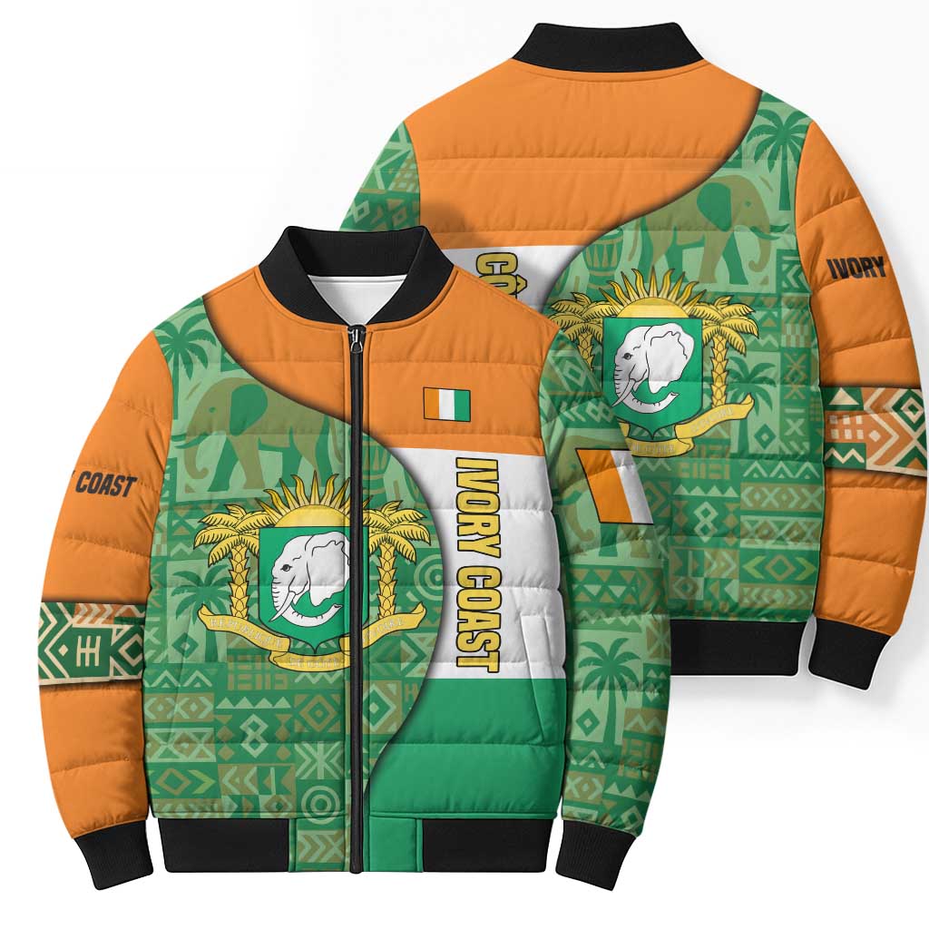 Ivory Coast Bomber Puffer Jacket with Elephant Crest and Tribal Pattern Design - Wonder Print Shop
