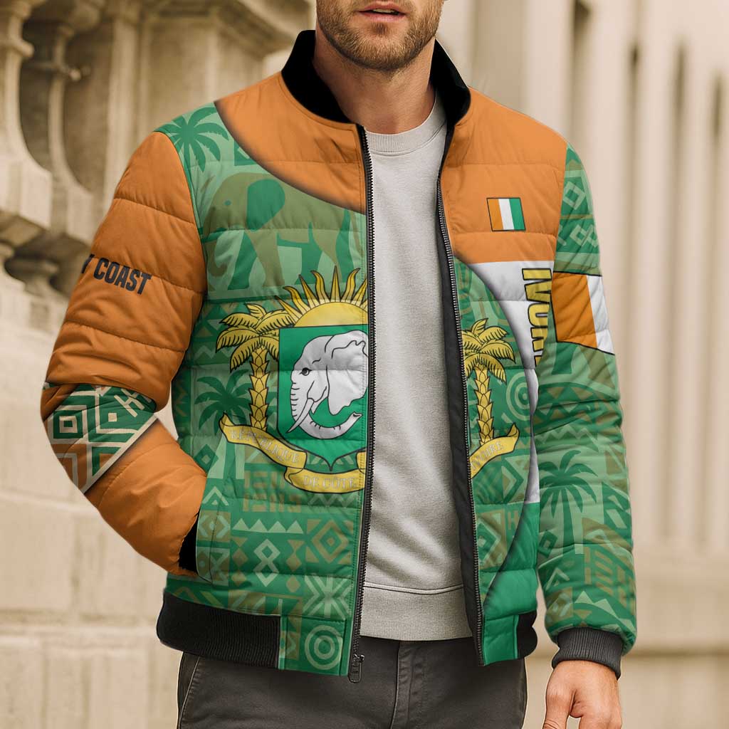 Ivory Coast Bomber Puffer Jacket with Elephant Crest and Tribal Pattern Design - Wonder Print Shop