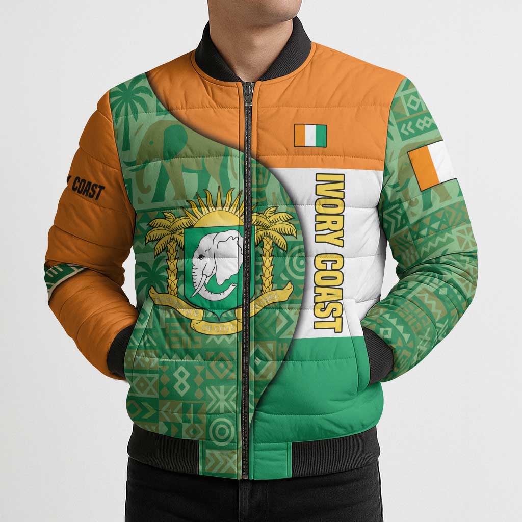 Ivory Coast Bomber Puffer Jacket with Elephant Crest and Tribal Pattern Design - Wonder Print Shop
