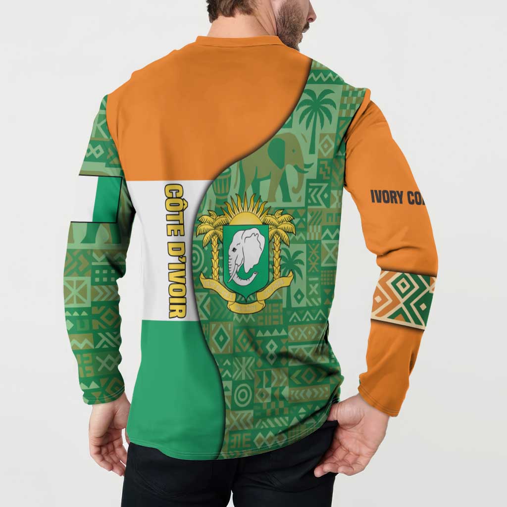 Ivory Coast Button Sweatshirt with Elephant Crest and Tribal Pattern Design - Wonder Print Shop