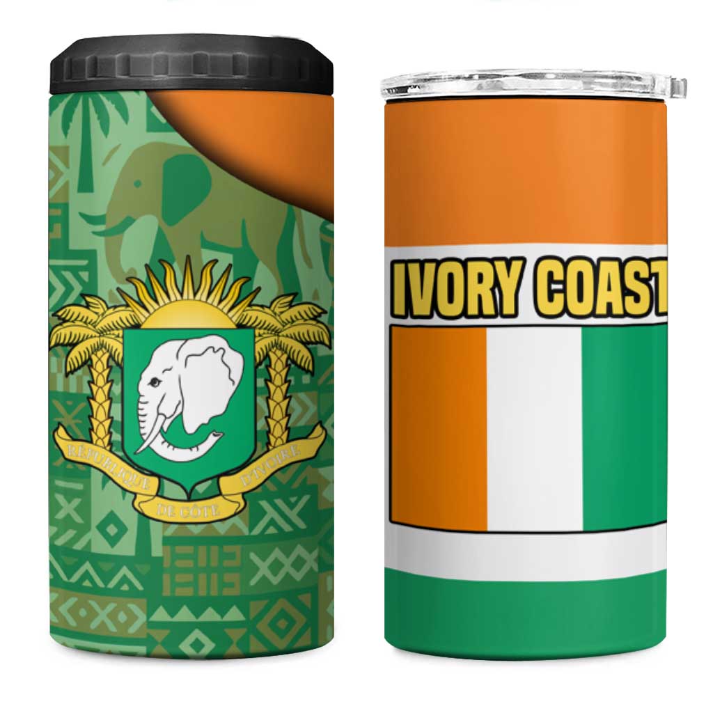 Ivory Coast 4 in 1 Can Cooler Tumbler with Elephant Crest and Tribal Pattern Design - Wonder Print Shop