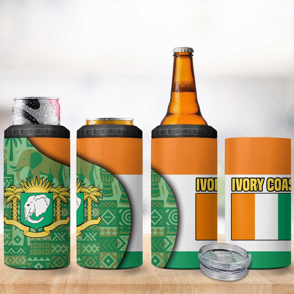 Ivory Coast 4 in 1 Can Cooler Tumbler with Elephant Crest and Tribal Pattern Design - Wonder Print Shop