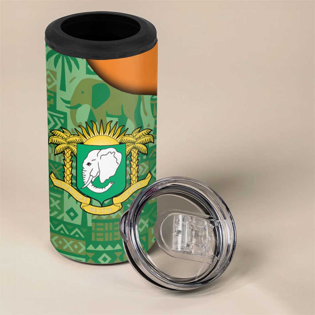 Ivory Coast 4 in 1 Can Cooler Tumbler with Elephant Crest and Tribal Pattern Design - Wonder Print Shop