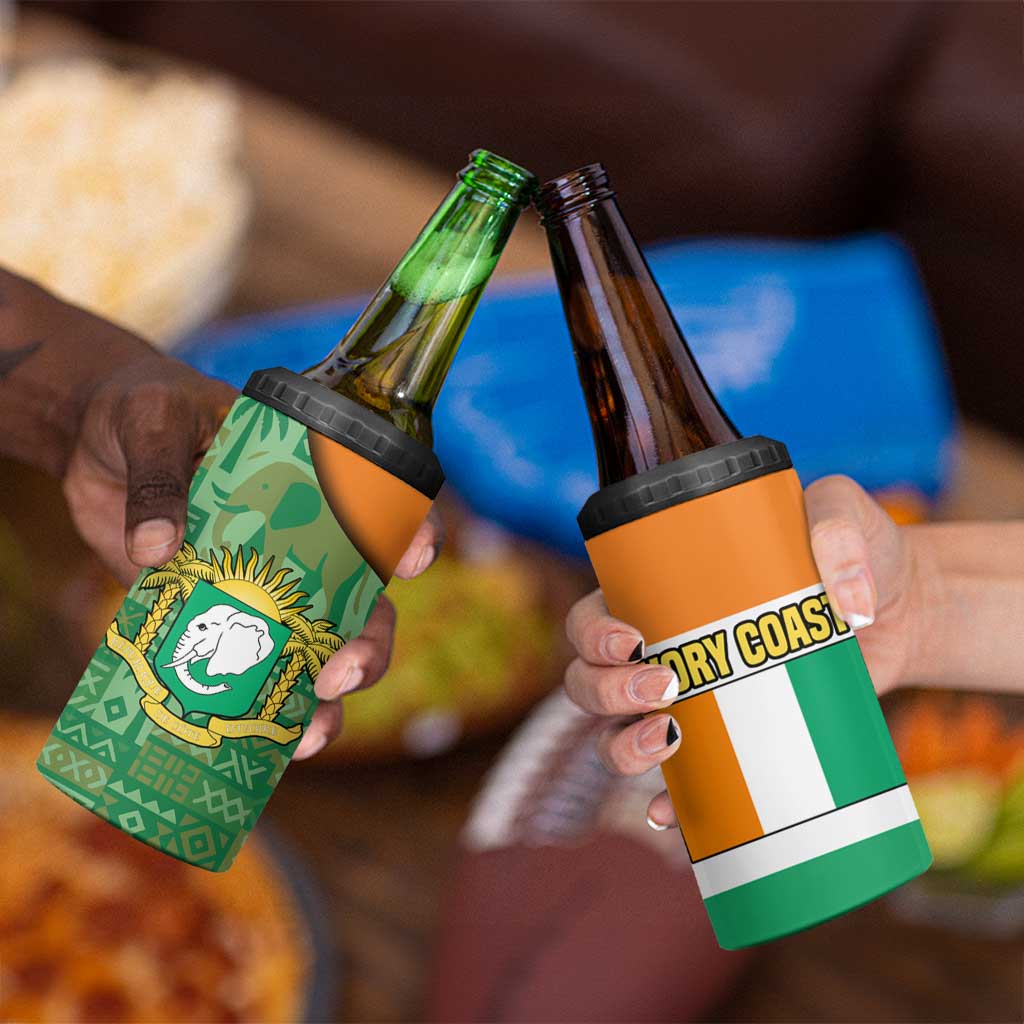 Ivory Coast 4 in 1 Can Cooler Tumbler with Elephant Crest and Tribal Pattern Design - Wonder Print Shop