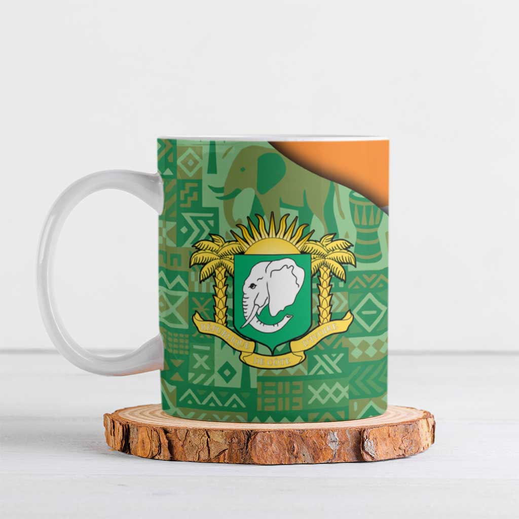 Ivory Coast Ceramic Mug with Elephant Crest and Tribal Pattern Design - Wonder Print Shop