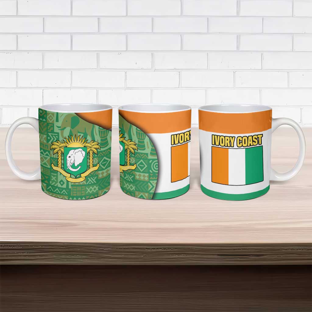 Ivory Coast Ceramic Mug with Elephant Crest and Tribal Pattern Design - Wonder Print Shop