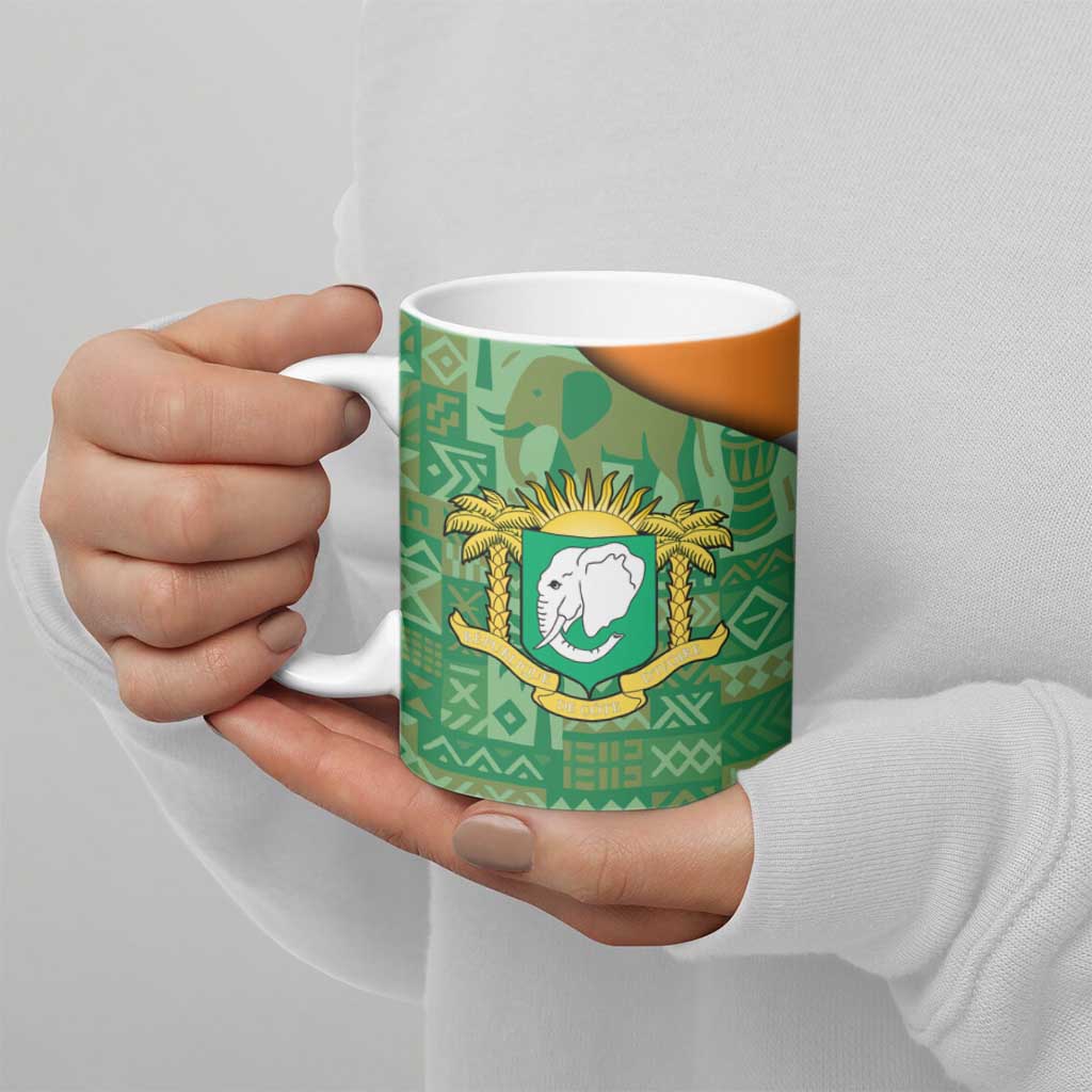 Ivory Coast Ceramic Mug with Elephant Crest and Tribal Pattern Design - Wonder Print Shop
