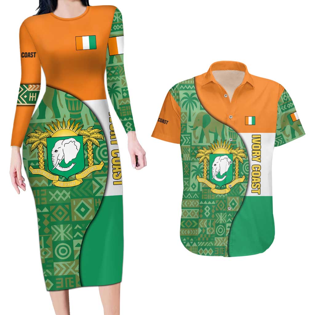 Ivory Coast Couples Matching Long Sleeve Bodycon Dress and Hawaiian Shirt with Elephant Crest and Tribal Pattern Design - Wonder Print Shop