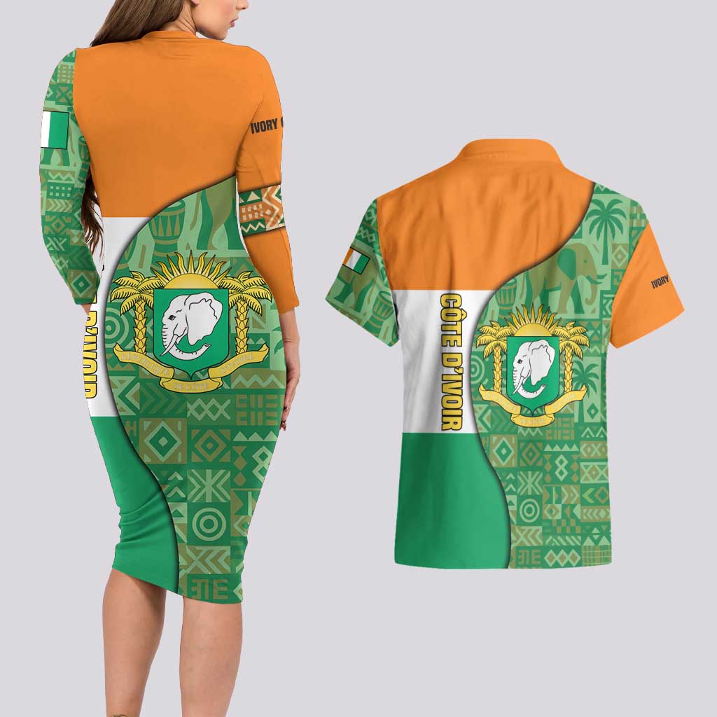 Ivory Coast Couples Matching Long Sleeve Bodycon Dress and Hawaiian Shirt with Elephant Crest and Tribal Pattern Design - Wonder Print Shop