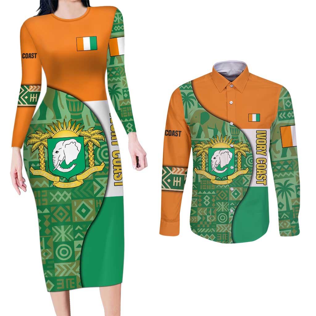 Ivory Coast Couples Matching Long Sleeve Bodycon Dress and Long Sleeve Button Shirt with Elephant Crest and Tribal Pattern Design - Wonder Print Shop