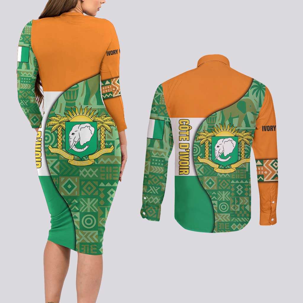 Ivory Coast Couples Matching Long Sleeve Bodycon Dress and Long Sleeve Button Shirt with Elephant Crest and Tribal Pattern Design - Wonder Print Shop