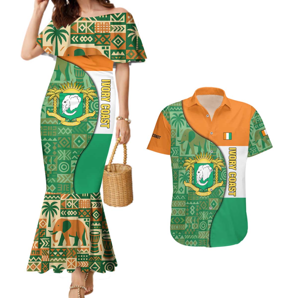 Ivory Coast Couples Matching Mermaid Dress and Hawaiian Shirt with Elephant Crest and Tribal Pattern Design - Wonder Print Shop