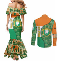 Ivory Coast Couples Matching Mermaid Dress and Long Sleeve Button Shirt with Elephant Crest and Tribal Pattern Design - Wonder Print Shop