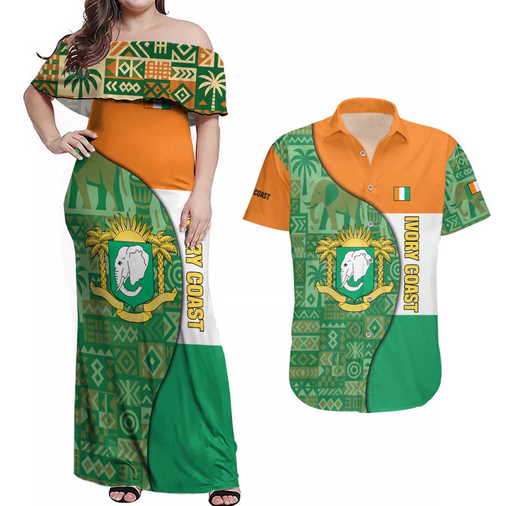 Ivory Coast Couples Matching Off Shoulder Maxi Dress and Hawaiian Shirt with Elephant Crest and Tribal Pattern Design - Wonder Print Shop