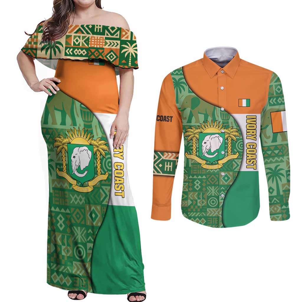 Ivory Coast Couples Matching Off Shoulder Maxi Dress and Long Sleeve Button Shirt with Elephant Crest and Tribal Pattern Design - Wonder Print Shop